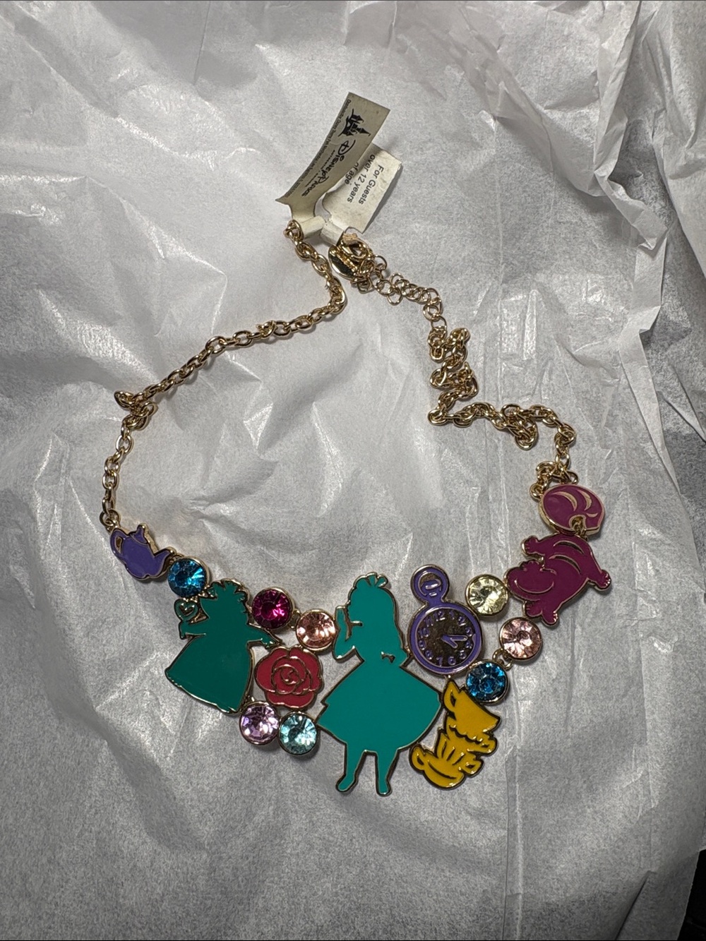 Disney Parks Women’s Teal Alice Silhouette Necklace with Colorful Charms!✨